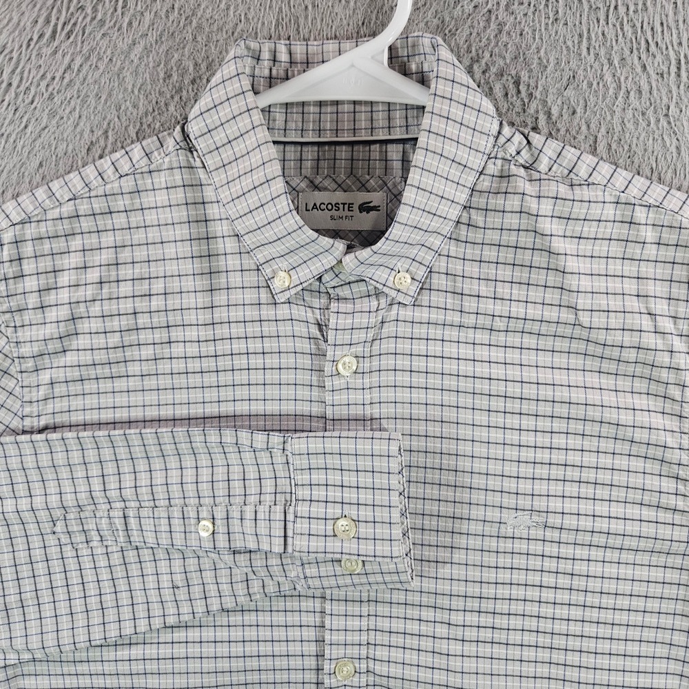 Lacoste Slim Fit Mens Shirt Grey Blue Tattersall Check Stretch Cotton US 15 FR38
